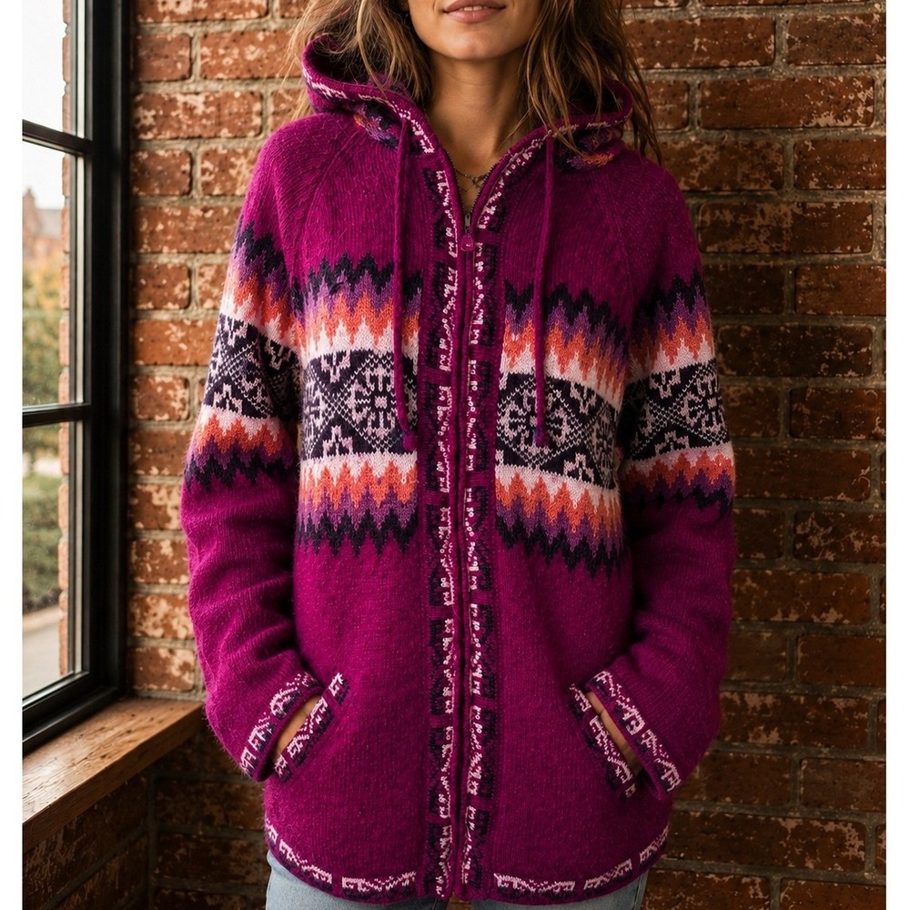 Alpaca Pink Alpaca Wool Blend Fair Isle Zip Up Sweater XL Boho Fair Isle Nordic